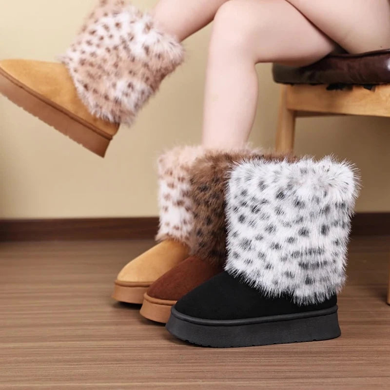Dearvella Winter Leopard Fleece Plush Boot
