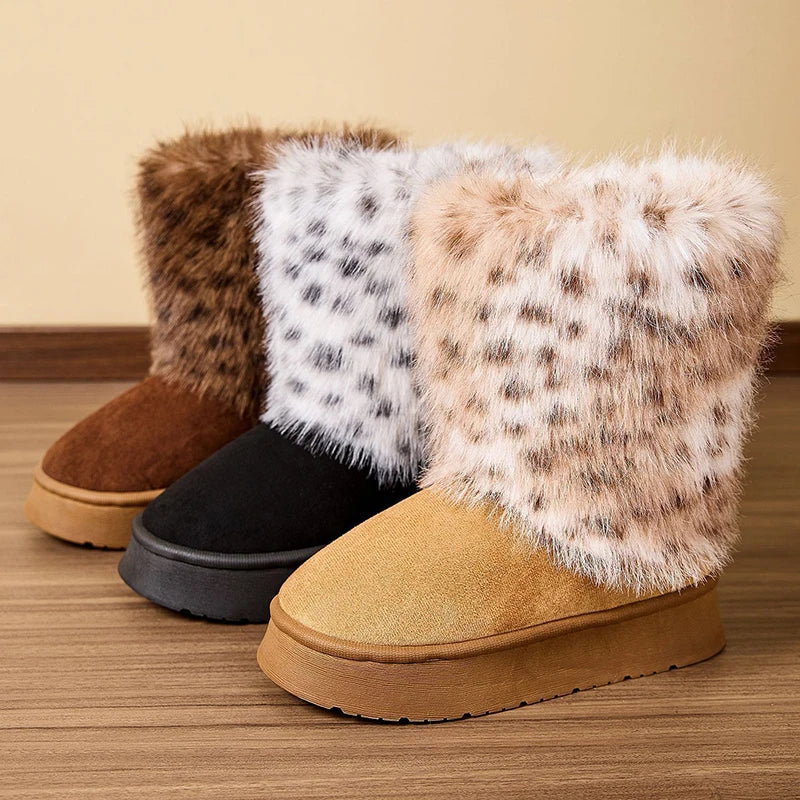 Dearvella Winter Leopard Fleece Plush Boot